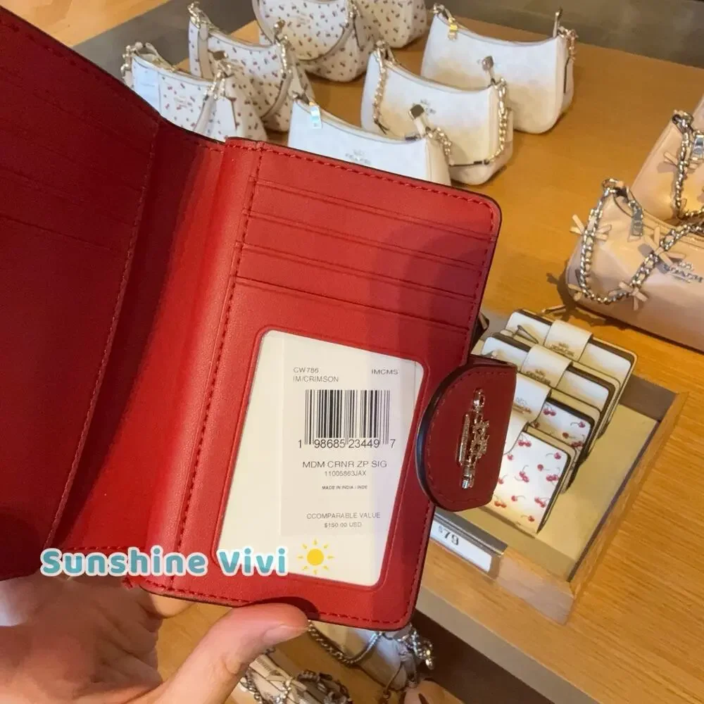 NWT Coach Medium Corner Zip Wallet In Signature Canvas CW786 IM/CRIMSON